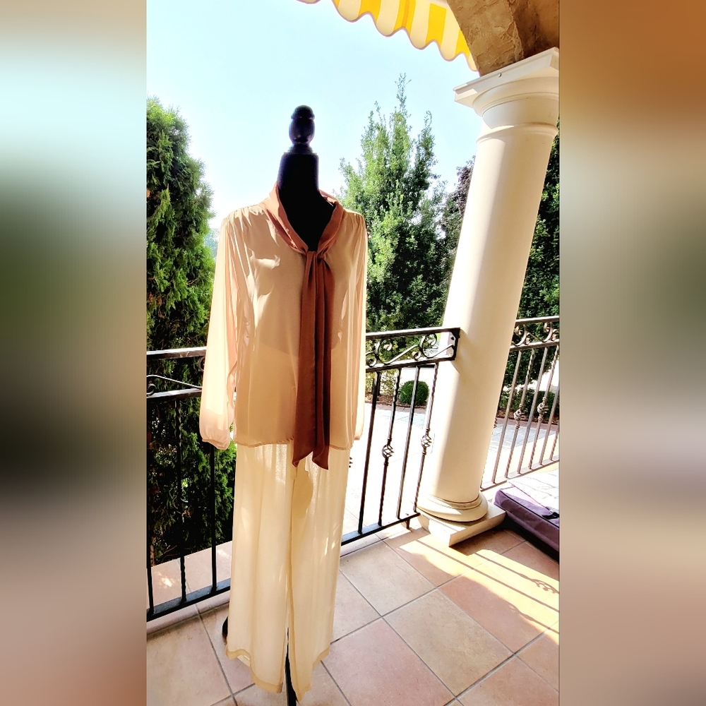 Vintage, Romantic Sheer Blouse with Collar Tie. Blush Pink Beige Taupe Bronze S